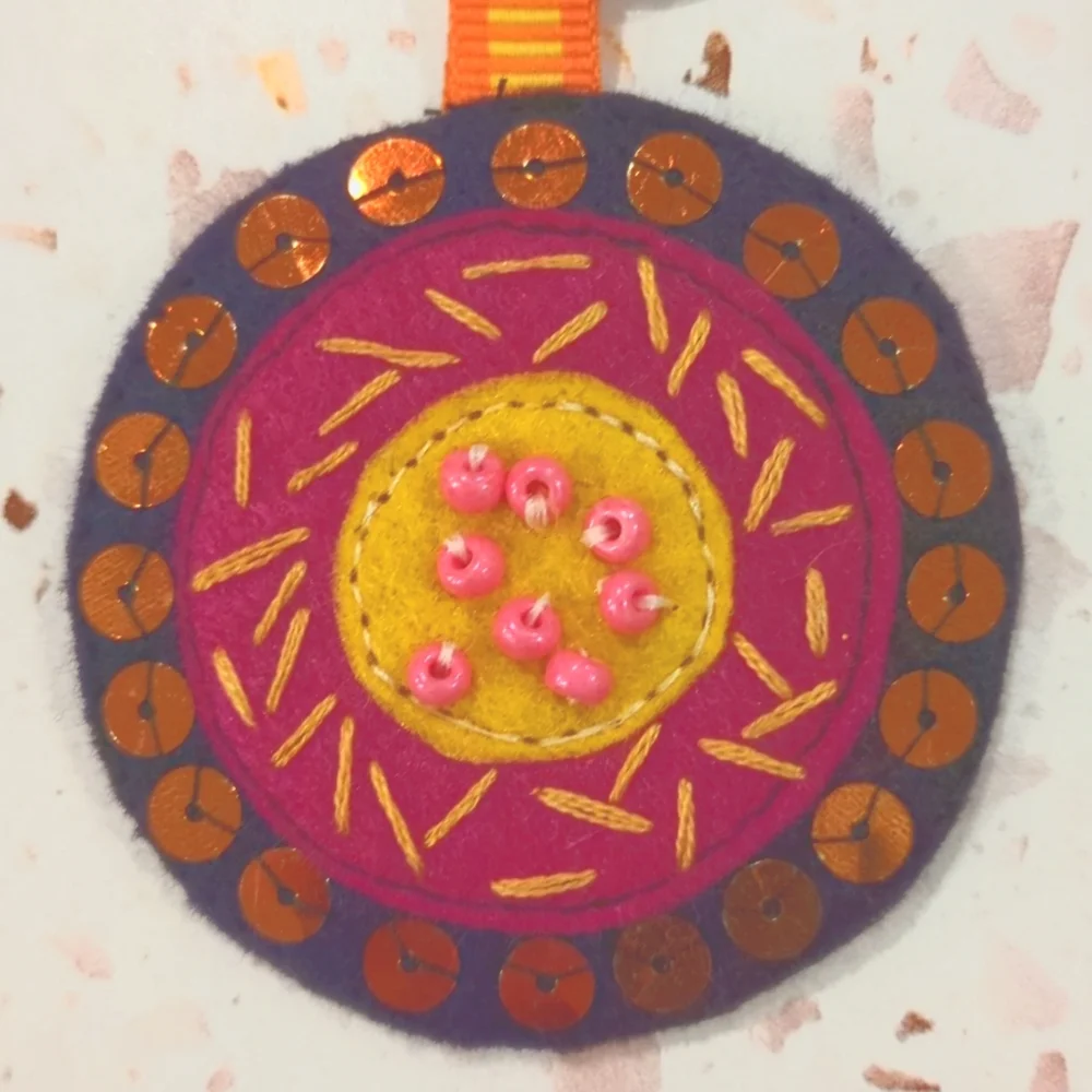 Beautiful Inside & Out Handcrafted Medallion Key Fob Felt Sequins Beads | New #1